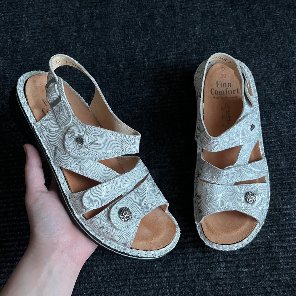 Finn Comfort Silver Metallic Swirl Leather Slingback Sandals Womens 39 D‎ boho